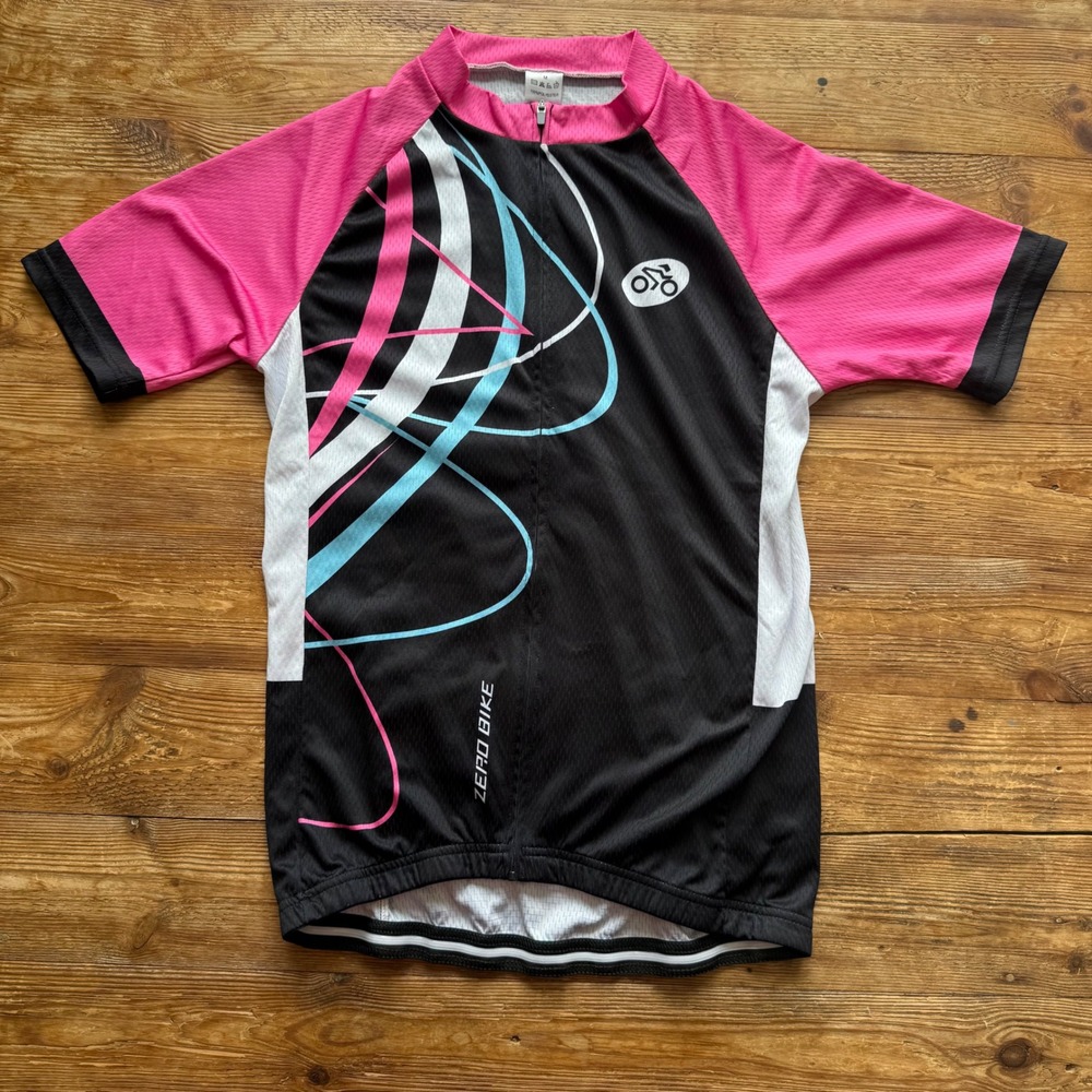 Zero Bike Cycling Jersey Pink Black Abstract Graphic Short Sleeve Womens Med EUC